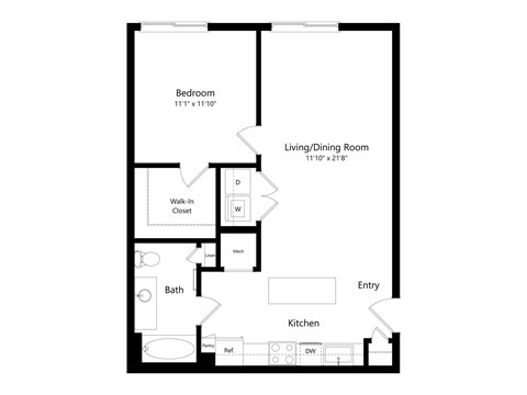 Floor plan for 1 bed, 1 bath, 751 sqft